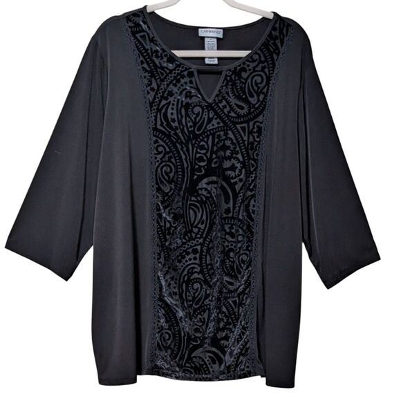 Catherines black v-neck burnout velvet 3/4 length sleeve applique top size 1X - Picture 1 of 9